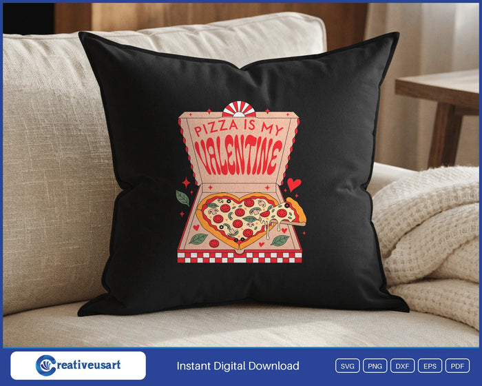 Pizza Is My Valentine retro box design on a black throw pillow