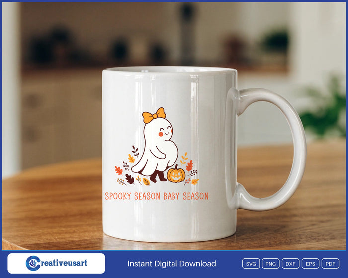 Pregnant Halloween with a smiling ghost and a hand on the belly SVG design on a white coffee mug