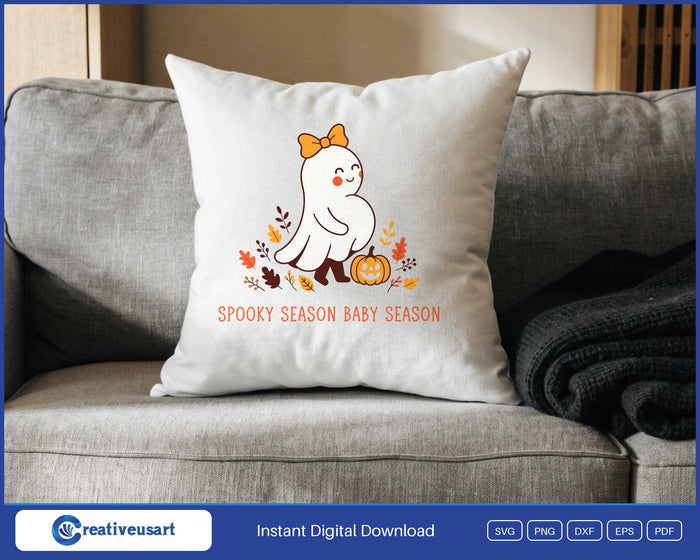 Pregnant Halloween with a smiling ghost and a hand on the belly SVG design on a white throw pillow