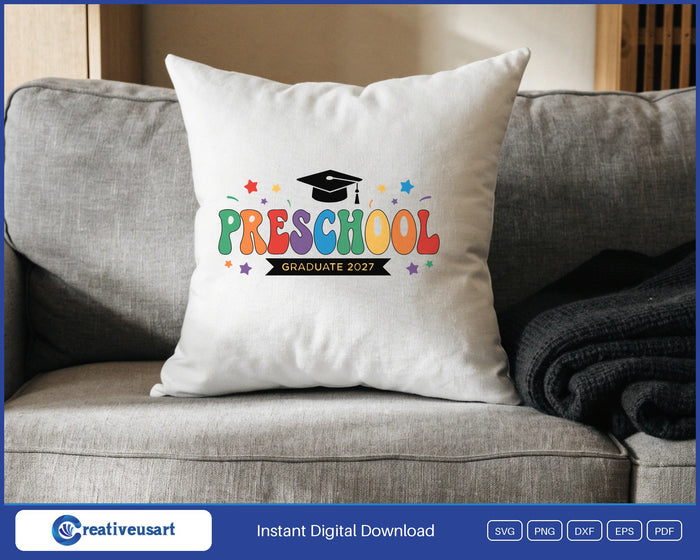 Preschool Graduate 2027 rainbow letters SVG design on a white throw pillow
