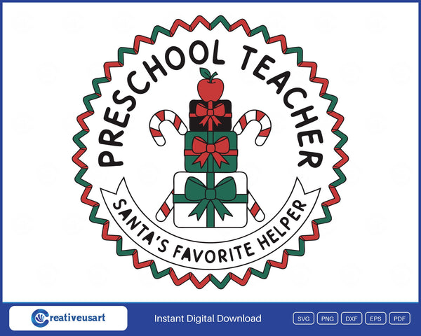 Preschool Teacher Santa's Favorite Helper SVG printed on a white t-shirt