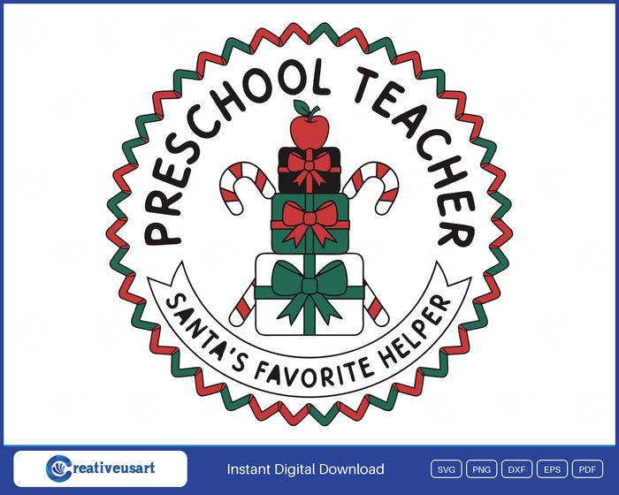 Preschool Teacher Santa's Favorite Helper SVG printed on a white t-shirt