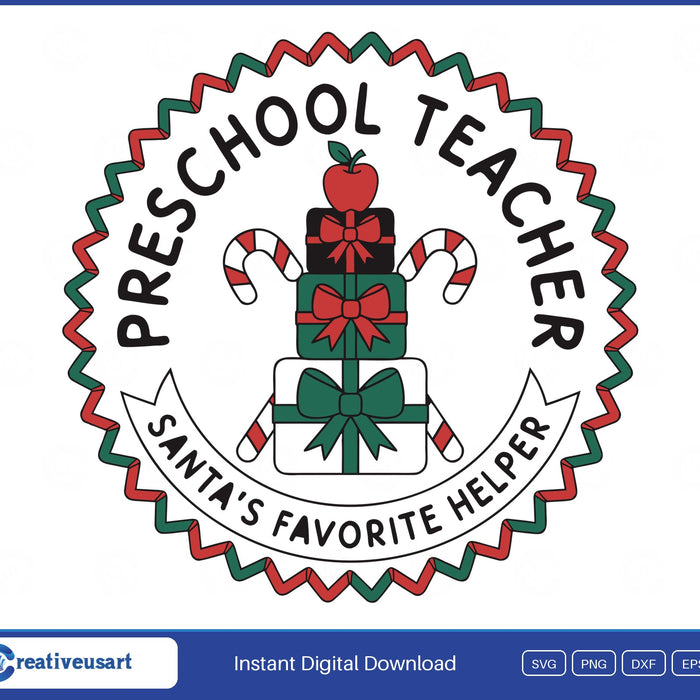 Preschool Teacher Santa's Favorite Helper SVG printed on a white t-shirt