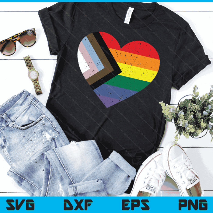 Progress Pride Flag Rainbow Heart Vintage Retro Love LGBTQ SVG PNG Digital Cutting Files