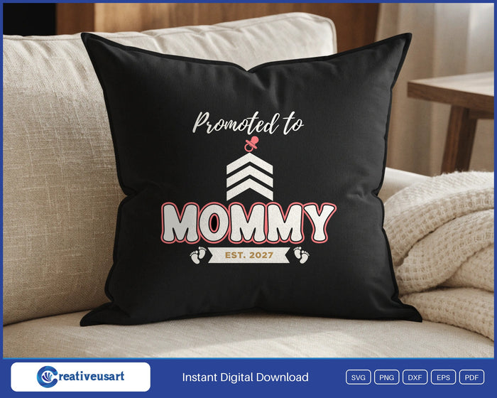 Promoted To Mommy Est 2027 SVG design on a black throw pillow