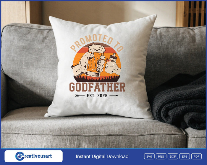 Promoted to Godfather 2026 beer mug toast SVG design on a white throw pillow