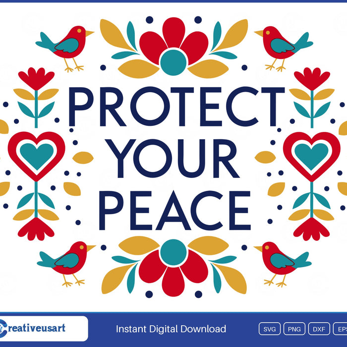 Protect Your Peace folk art birds SVG design on white background