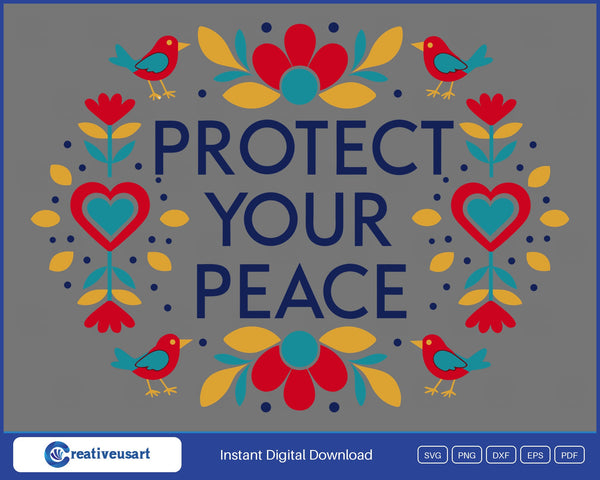 Protect Your Peace folk art birds SVG design on white background
