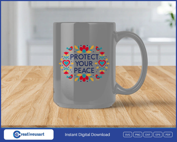 Protect Your Peace folk art birds SVG design on a white coffee mug