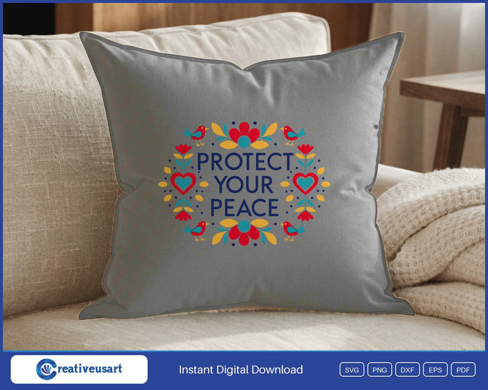 Protect Your Peace folk art birds SVG design on a white throw pillow