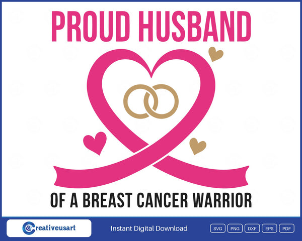 A pink ribbon shaped like a heart around two gold wedding rings, with the words Proud Husband Of A Breast Cancer Warrior