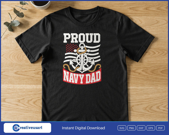 Proud Navy Dad design printed on a black t-shirt