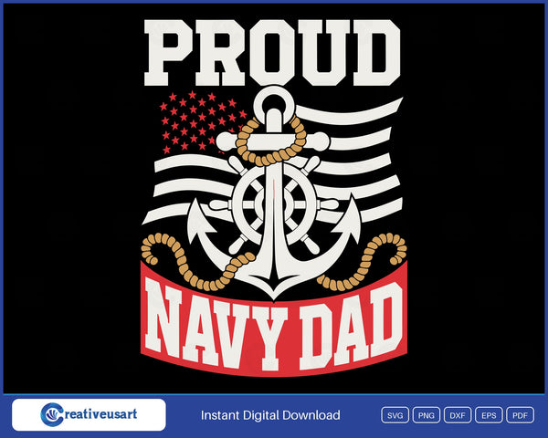 Proud Navy Dad SVG, a white anchor and ship's wheel with gold rope over red and white flag stripes