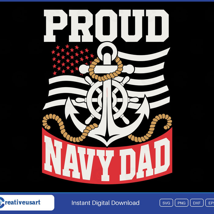 Proud Navy Dad SVG, a white anchor and ship's wheel with gold rope over red and white flag stripes