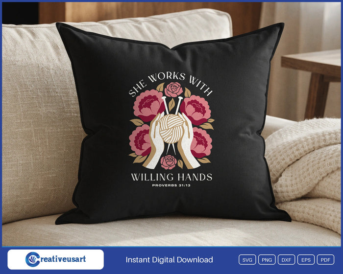 Proverbs 31:13 She Works With Willing Hands design on a black throw pillow