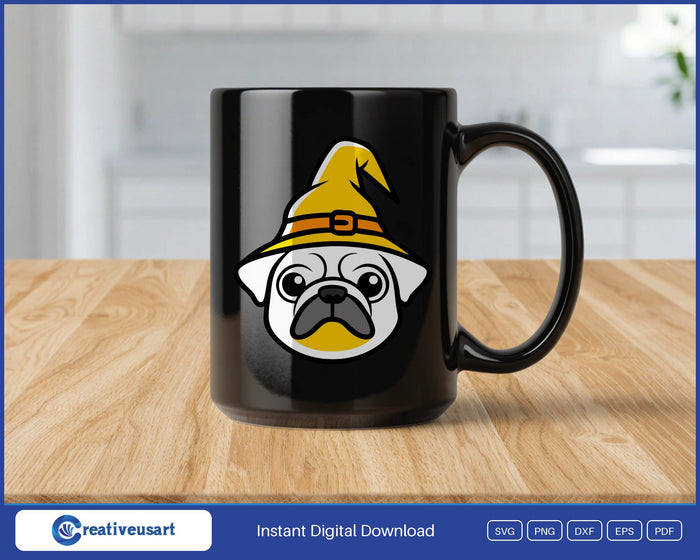 Pug face in a yellow witch hat SVG design on a black coffee mug