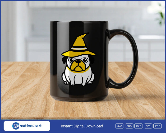 Sitting pug in a yellow witch hat SVG design on a black coffee mug