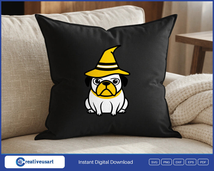 Sitting pug in a yellow witch hat SVG design on a black throw pillow