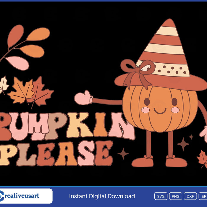Pumpkin Please waving pumpkin character SVG design on black background