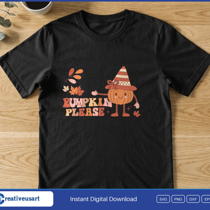 A cute pumpkin character in a striped hat beside the words Pumpkin Please with falling leaves, on a black t-shirt