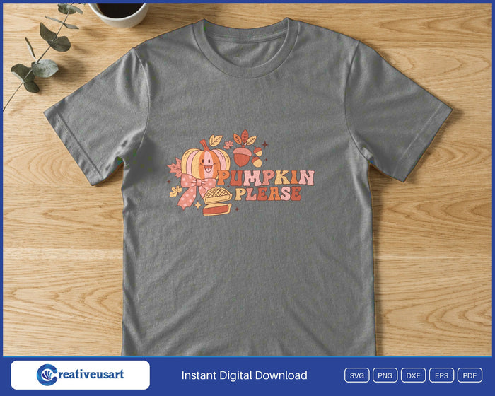 A pumpkin, a slice of pumpkin pie, an acorn and fall leaves beside the words Pumpkin Please, on a gray t-shirt