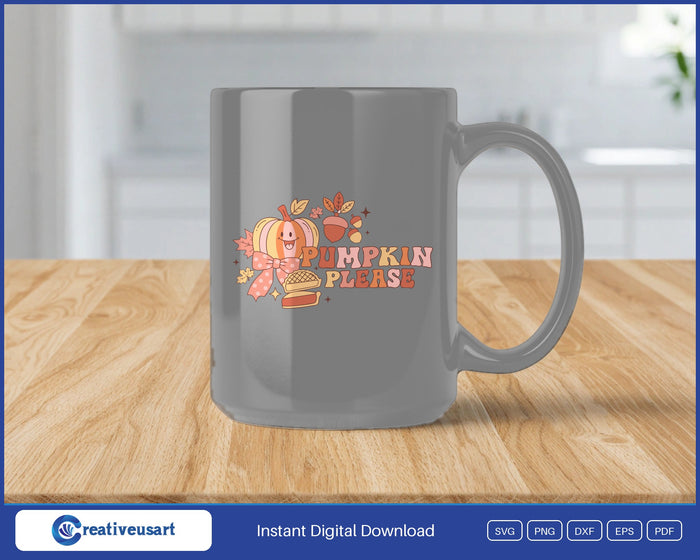 Pumpkin Please pumpkin pie SVG design on a black coffee mug