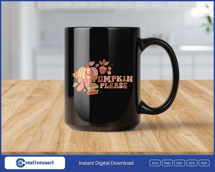 Pumpkin Please pumpkin pie SVG design on a black coffee mug