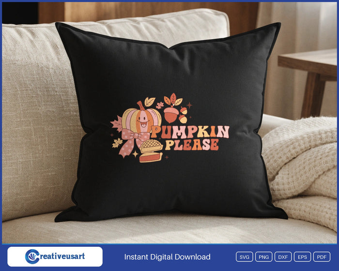 Pumpkin Please pumpkin pie SVG design on a black throw pillow