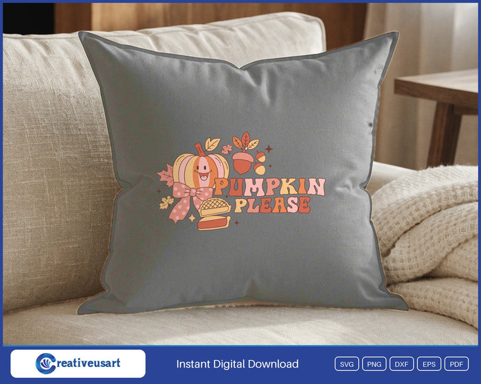 Pumpkin Please pumpkin pie SVG design on a black throw pillow