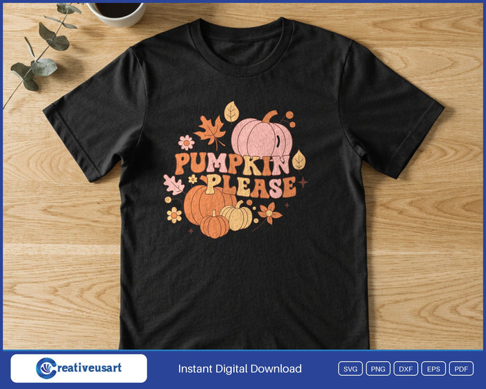 Pumpkin Please pile of pumpkins SVG printed on a black t-shirt