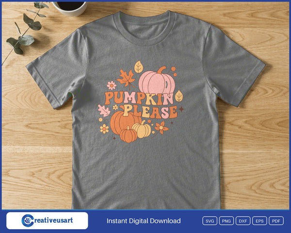 A pile of orange and pink pumpkins with fall leaves and flowers around the words Pumpkin Please, on a gray t-shirt