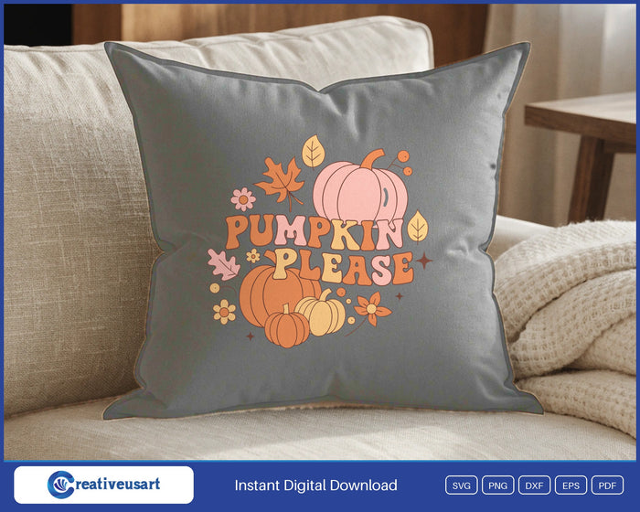 Pumpkin Please pile of pumpkins SVG design on a black throw pillow