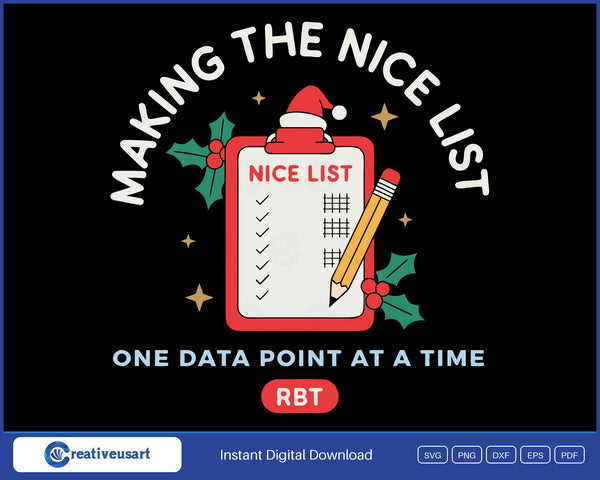 RBT Christmas Making The Nice List SVG, a clipboard in a Santa hat with a Nice List data sheet, pencil and holly