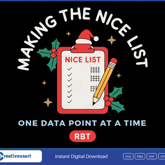 RBT Christmas Making The Nice List SVG, a clipboard in a Santa hat with a Nice List data sheet, pencil and holly