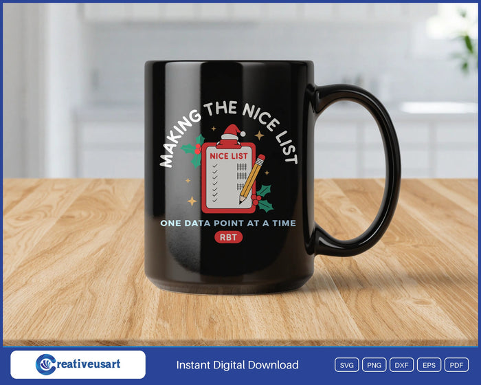 RBT Christmas Making The Nice List design on a black coffee mug