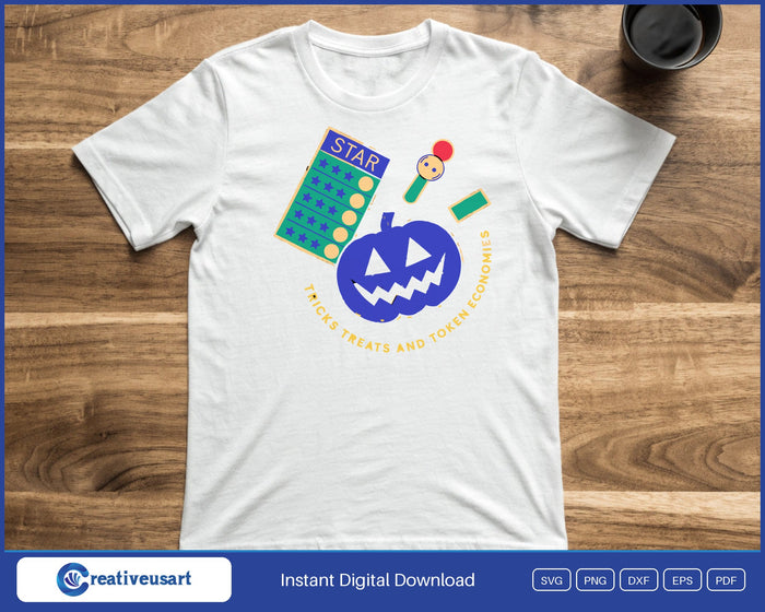 Tricks Treats And Token Economies jack-o-lantern and star chart SVG design on a white background