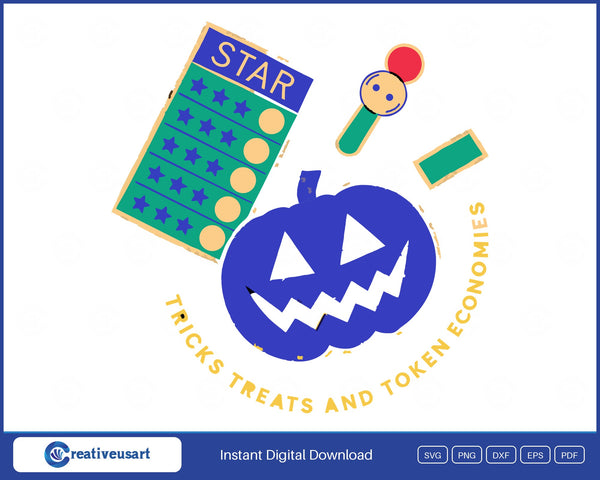 Tricks Treats And Token Economies jack-o-lantern and star chart SVG printed on a white t-shirt