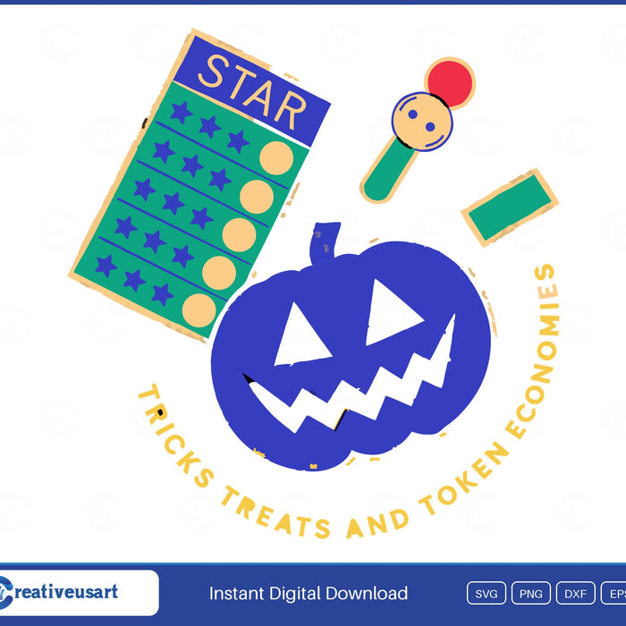 Tricks Treats And Token Economies jack-o-lantern and star chart SVG printed on a white t-shirt