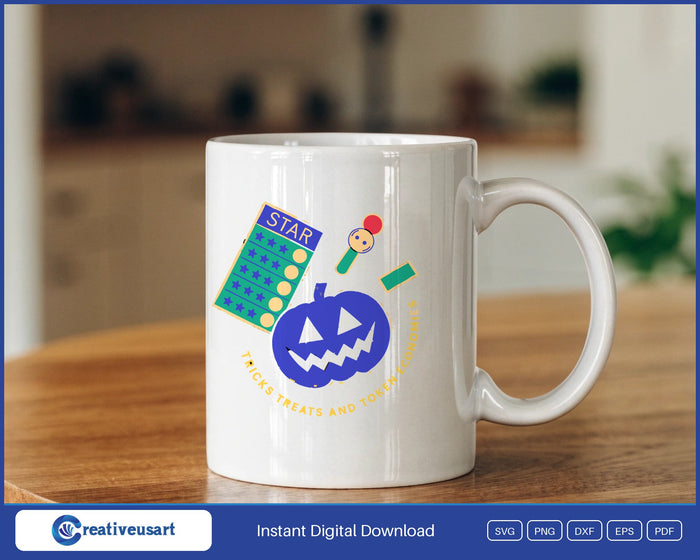 Tricks Treats And Token Economies jack-o-lantern and star chart SVG design on a white coffee mug