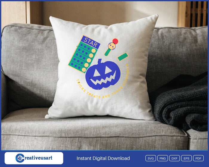 Tricks Treats And Token Economies jack-o-lantern and star chart SVG design on a white throw pillow