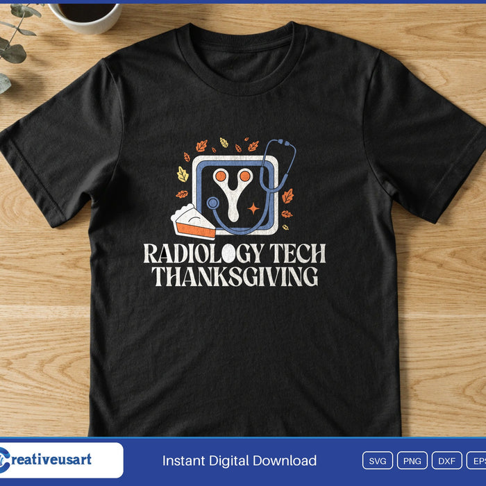 Radiology Tech Thanksgiving with a wishbone X-ray scan and stethoscope SVG printed on a black t-shirt