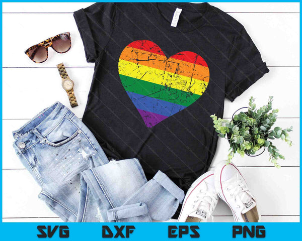 Regenboogvlag gekleurd hart LGBTQ+ Lesbian Gay Pride Vintage SVG PNG digitale snijbestanden