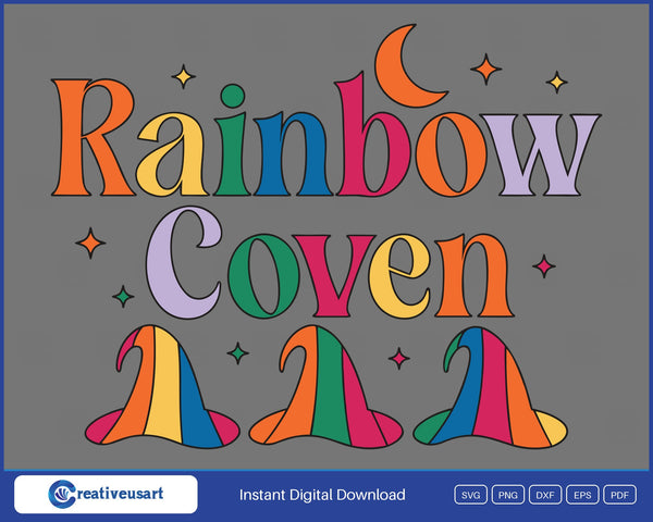 Rainbow Coven witch hats Halloween SVG design on white background