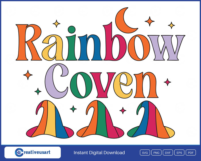 Rainbow Coven witch hats Halloween SVG design on white background