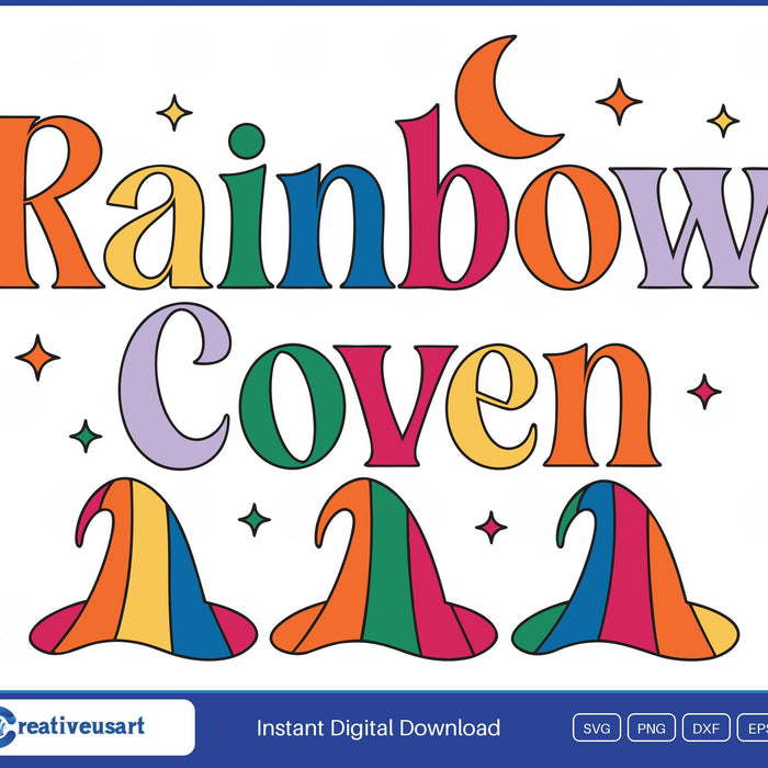 Rainbow Coven witch hats Halloween SVG design on white background