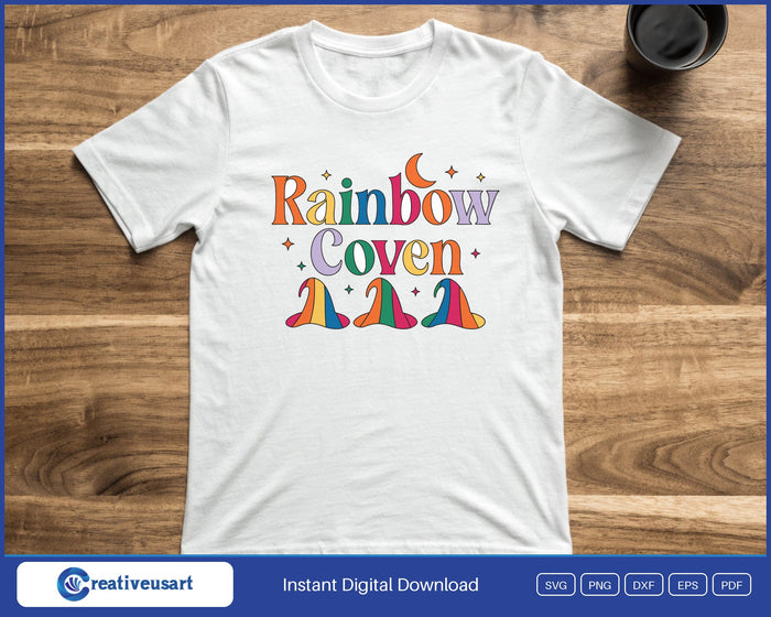 Rainbow Coven witch hats Halloween SVG printed on a white t-shirt