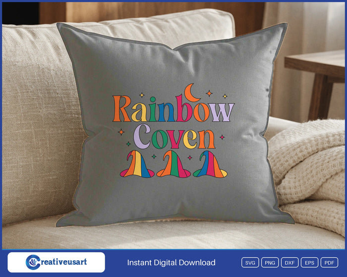 Rainbow Coven witch hats Halloween SVG design on a white throw pillow