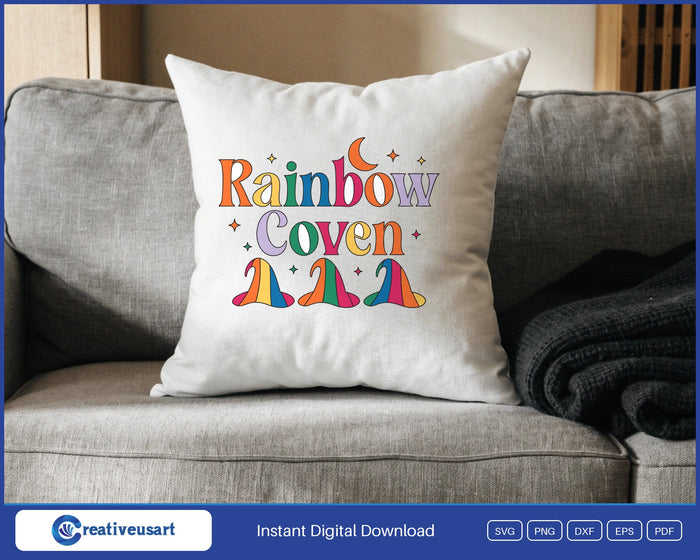Rainbow Coven witch hats Halloween SVG design on a white throw pillow