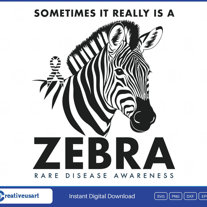 Sometimes It Really Is A Zebra SVG, realistic zebra head with a zebra-print awareness ribbon in its mane, Rare Disease Awareness