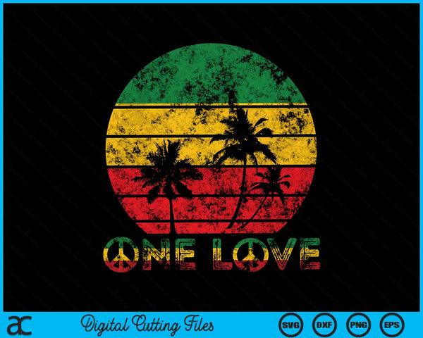 One love under a retro rasta sunset with palm trees, reggae Jamaica SVG